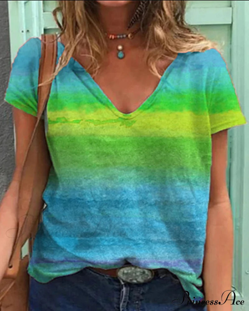 Casual v-neck rainbow print short-sleeved t-shirt Sky blue 23BF clothes Short Sleeve Tops Summer T-shirts Tops/Blouses
