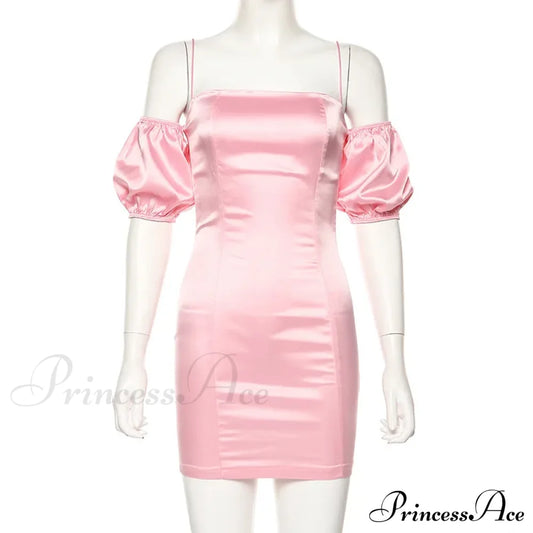 Short-Sleeved Solid Strapless Mini Elegant Party Evening Fashion Bodycon Dress Pink / S