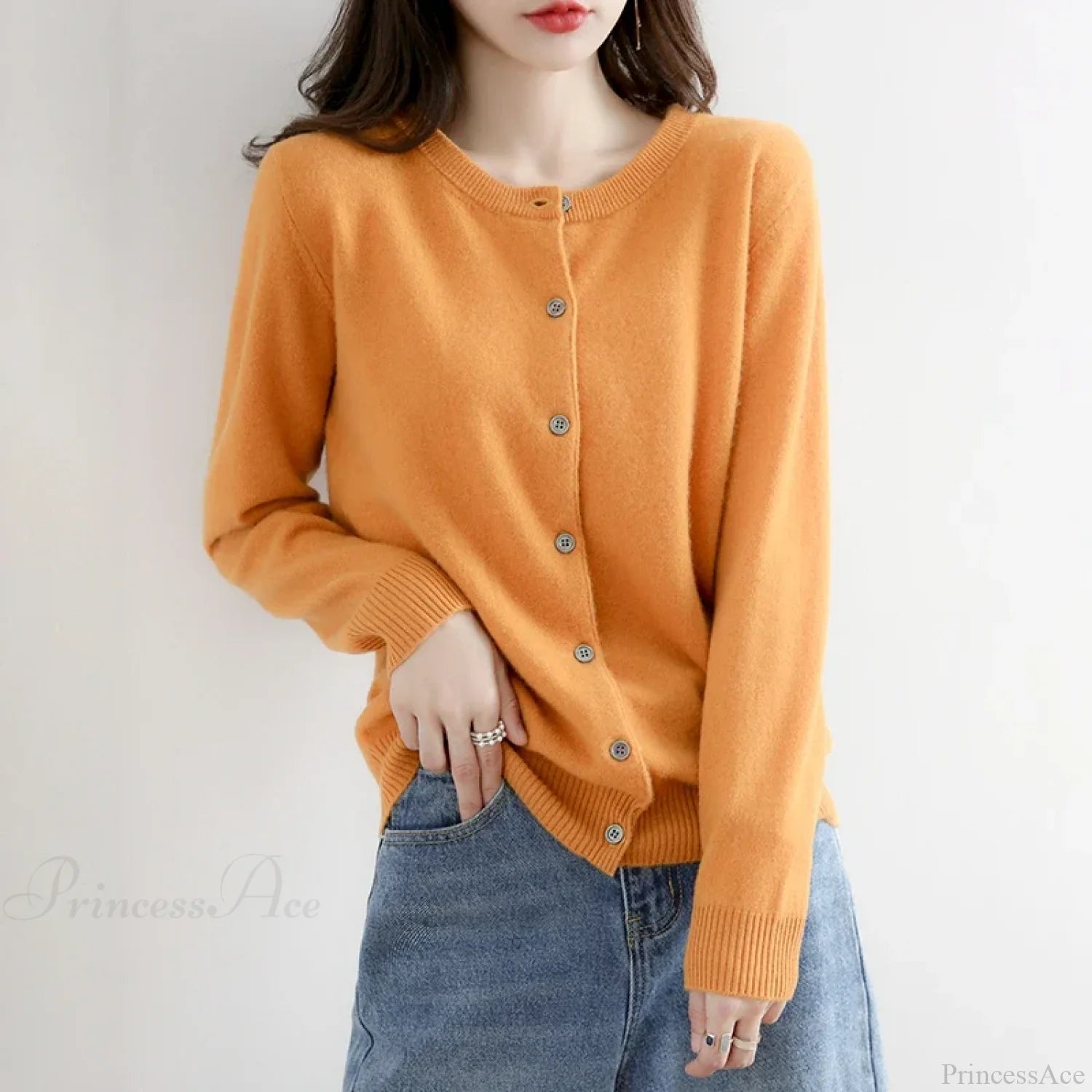 Short Slim O-Neck Single Breasted Gold Camel Knit Cardigan Ginger Yellow / S cardiagn-250126