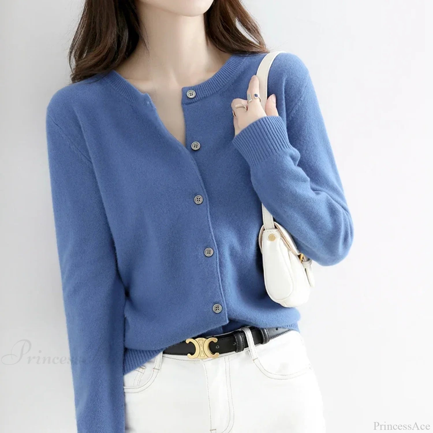 Short Slim O-Neck Single Breasted Gold Camel Knit Cardigan ROYAL BLUE / S cardiagn-250126