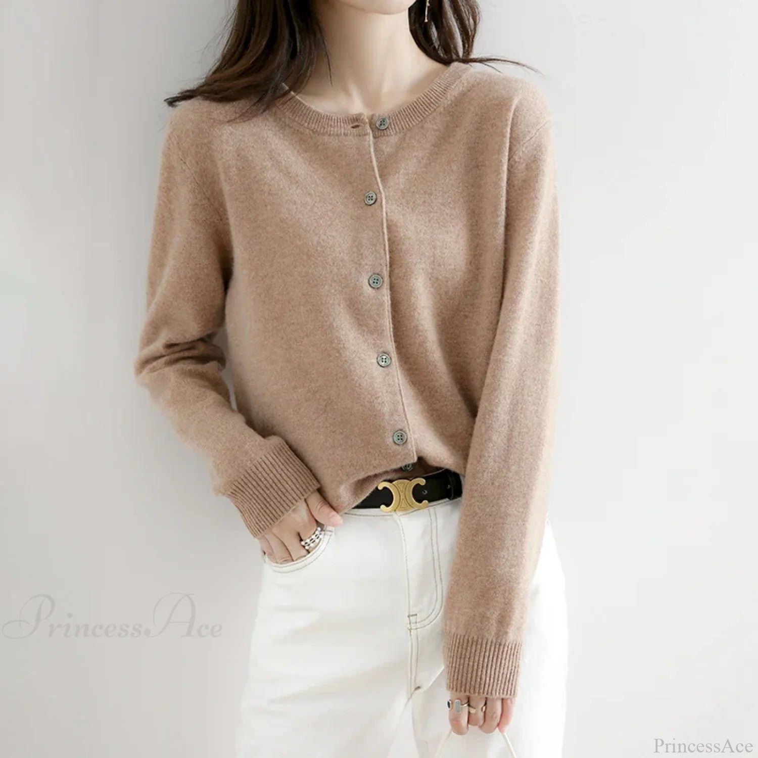 Short Slim O-Neck Single Breasted Gold Camel Knit Cardigan Gold / S cardiagn-250126
