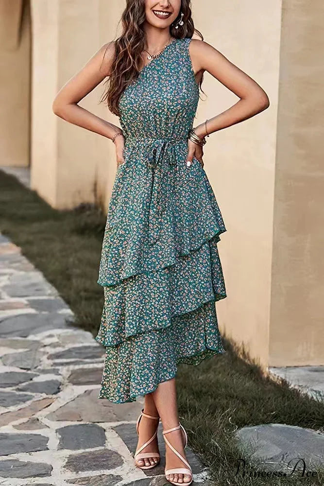 Shoulder One With Trim Gown Green Ruffle Print L / Black One Shoulder Print Maxi Dress