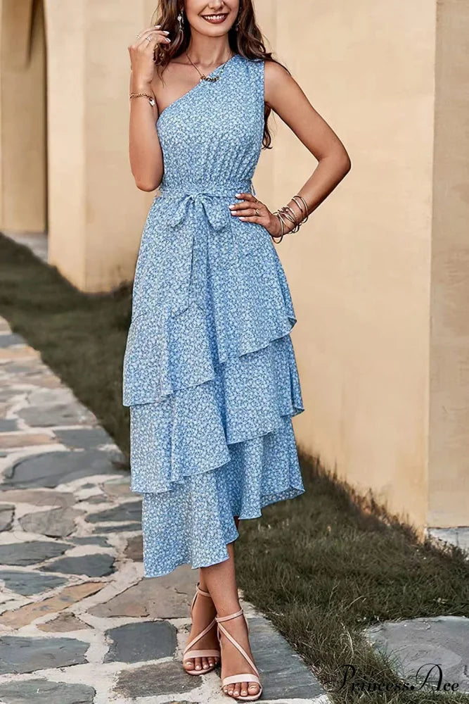 Shoulder One With Trim Gown Green Ruffle Print L / Red One Shoulder Print Maxi Dress