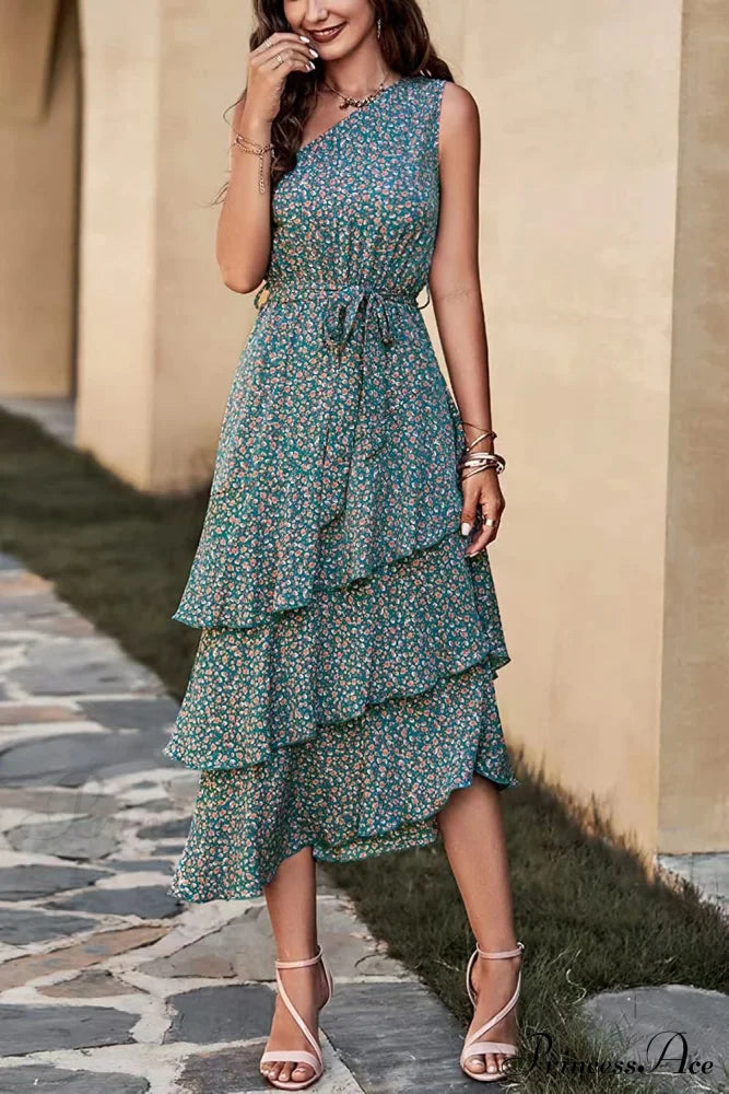 Shoulder One With Trim Gown Green Ruffle Print S / Blue One Shoulder Print Maxi Dress
