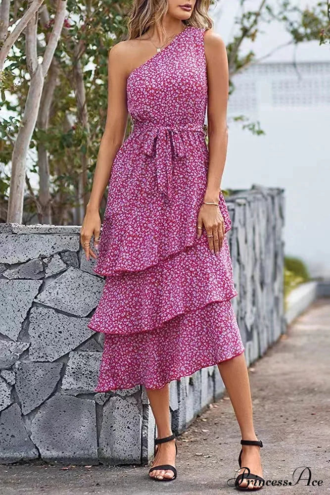 Shoulder One With Trim Gown Green Ruffle Print S / One Shoulder Print Maxi Dress