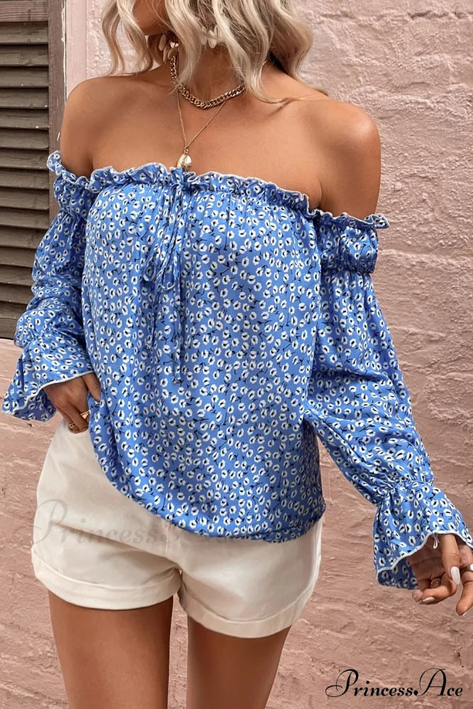 Off Shoulder Printed Frill Trim Blouse Cobalt Blue clothes Hanny long sleeve long sleeve shirts long sleeve top Ship From Overseas Shipping Delay 09/29/2023 - 10/04/2023 top tops trend