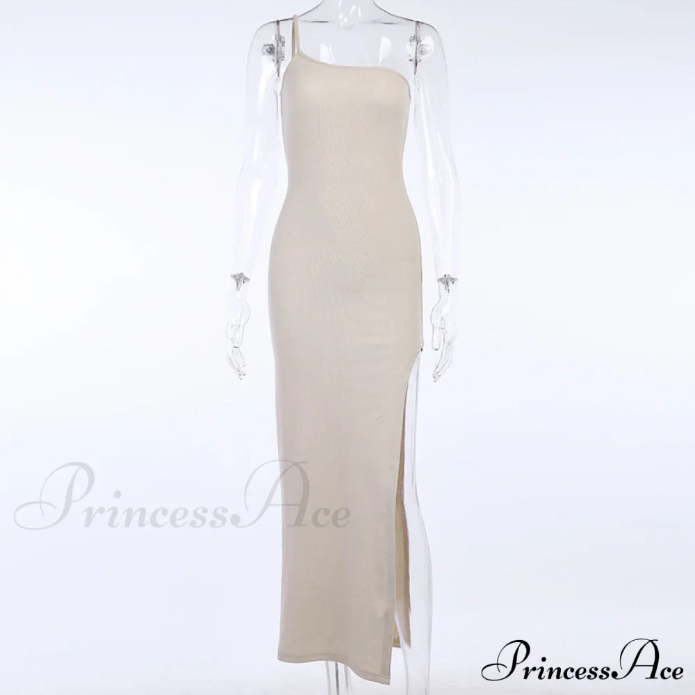 Shoulder Split Women Gown Slim Warm-Season Side Knitted Party Off Sleeveless Ankle-Length Cotton