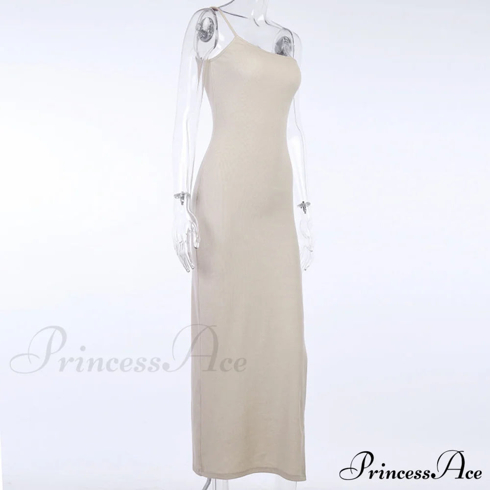 Shoulder Split Women Gown Slim Warm-Season Side Knitted Party Off Sleeveless Ankle-Length Cotton