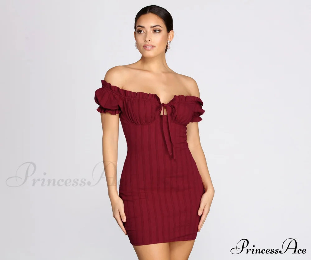 Show ’Em Off Charming Shoulder Smocked Mini Dress Burgundy / Xs Casual Dresses