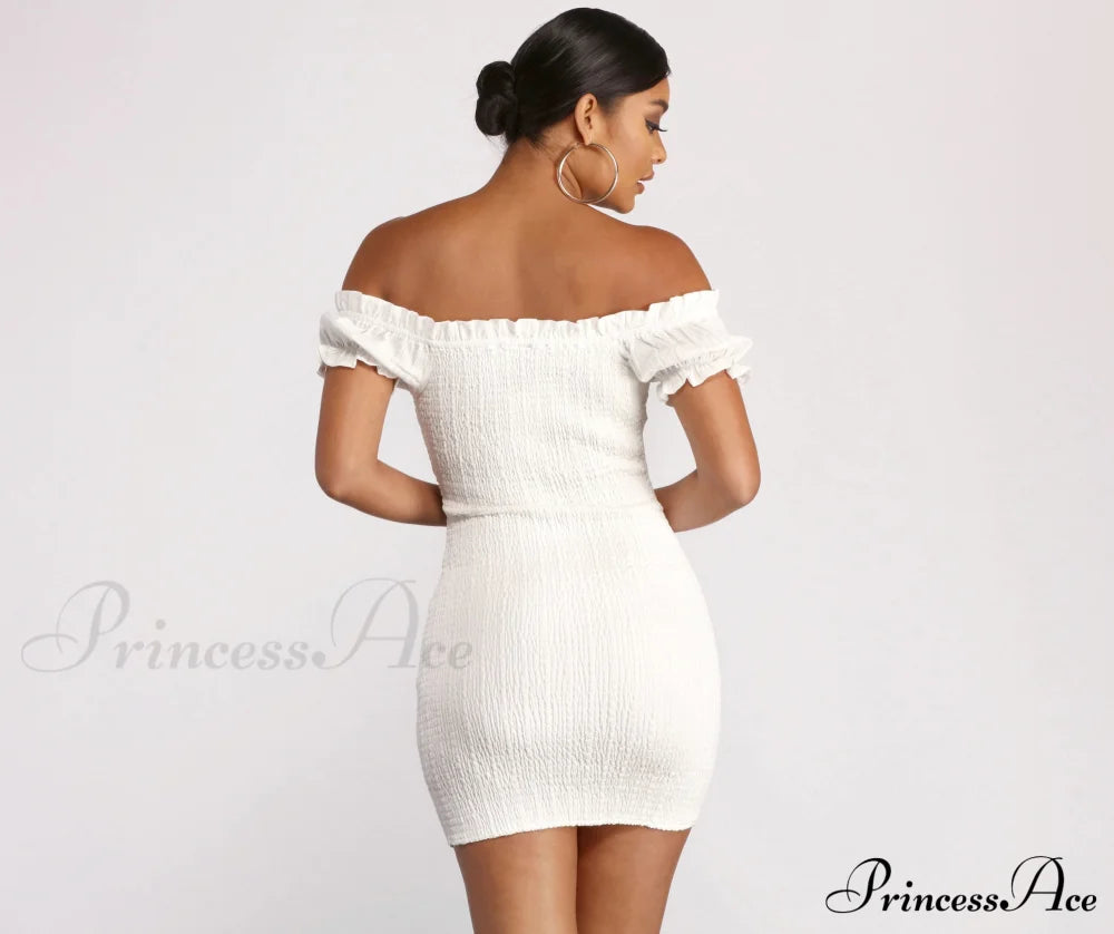 Show ’Em Off Charming Shoulder Smocked Mini Dress Casual Dresses