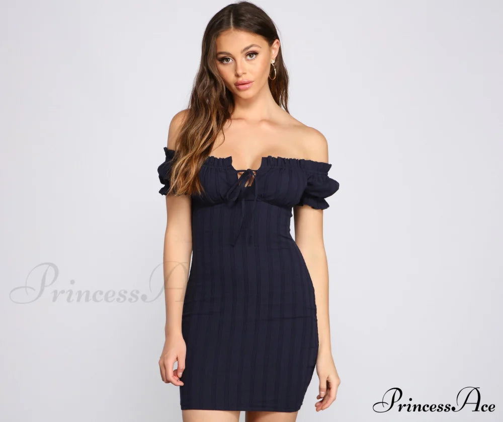 Show ’Em Off Charming Shoulder Smocked Mini Dress Navy / Xs Casual Dresses