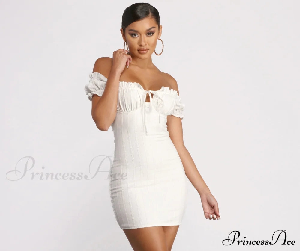 Show ’Em Off Charming Shoulder Smocked Mini Dress White / Xs Casual Dresses