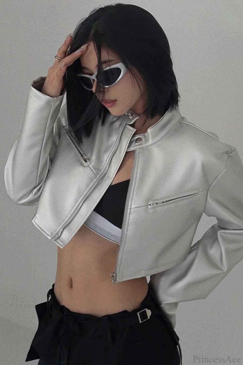 Silver Funnel Neck Snap Leather Short Jacket Silver / S