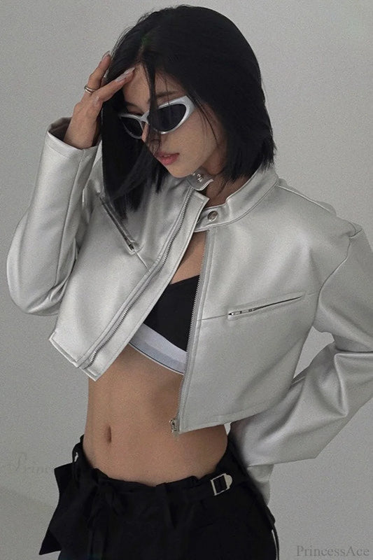 Silver Funnel Neck Snap Leather Short Jacket Silver / S