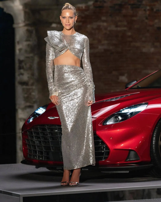 Silver Rhinestone Mesh Slit Prom Dress silver / XS promdress-250223