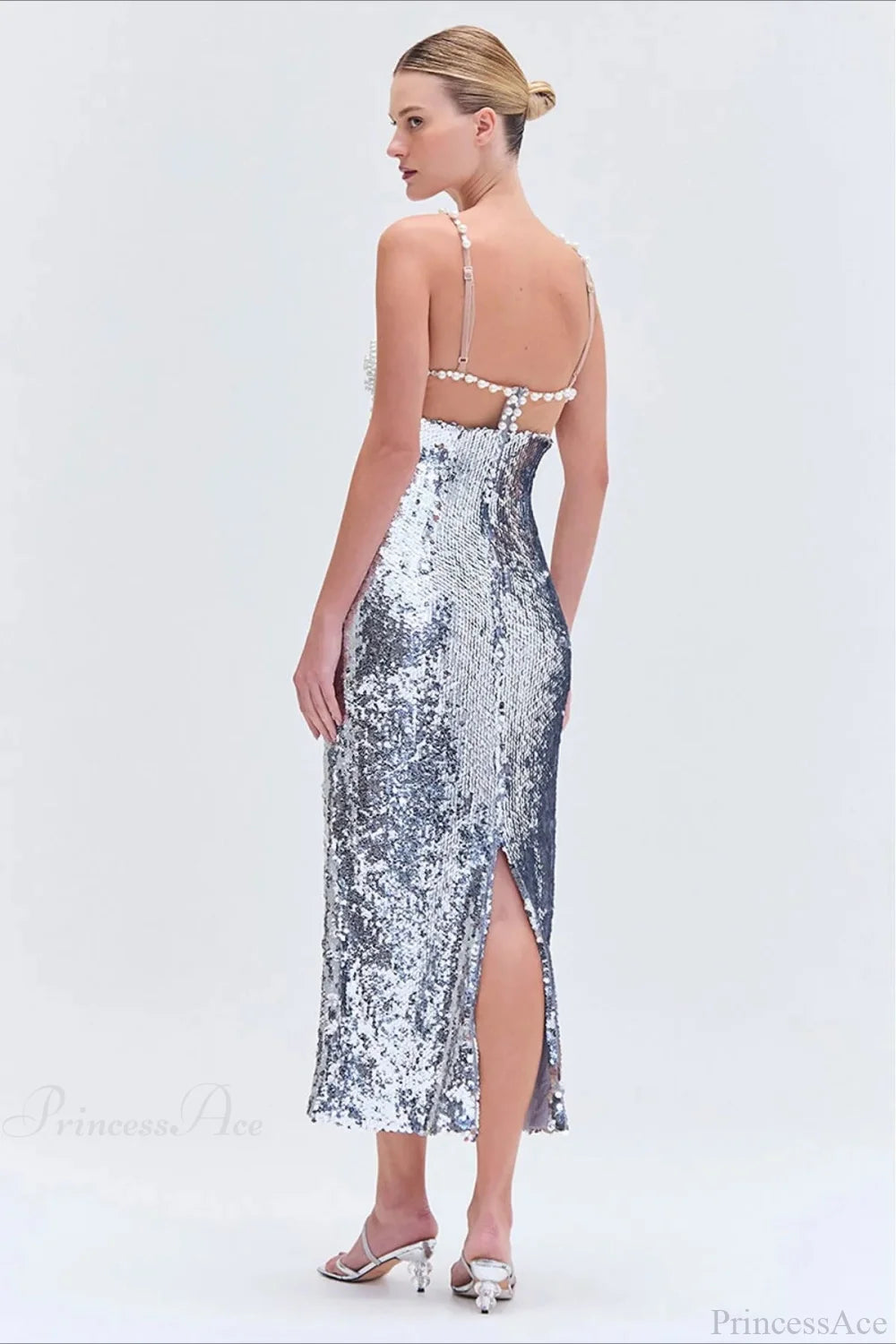 Silver Sequin Sexy Halter Backless Wedding Dress