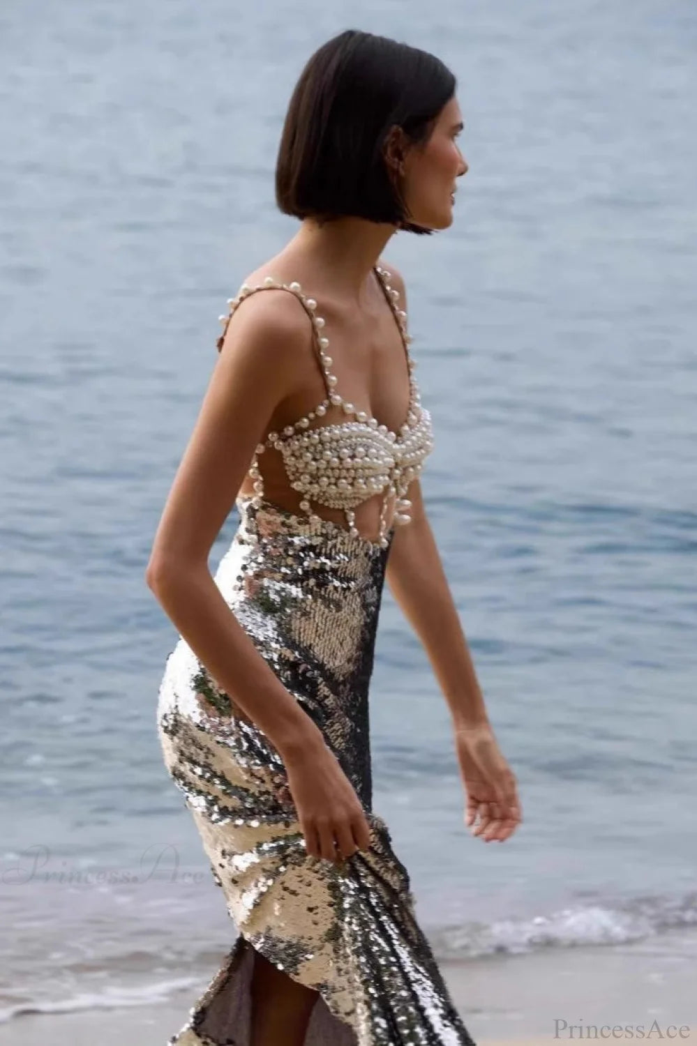 Silver Sequin Sexy Halter Backless Wedding Dress