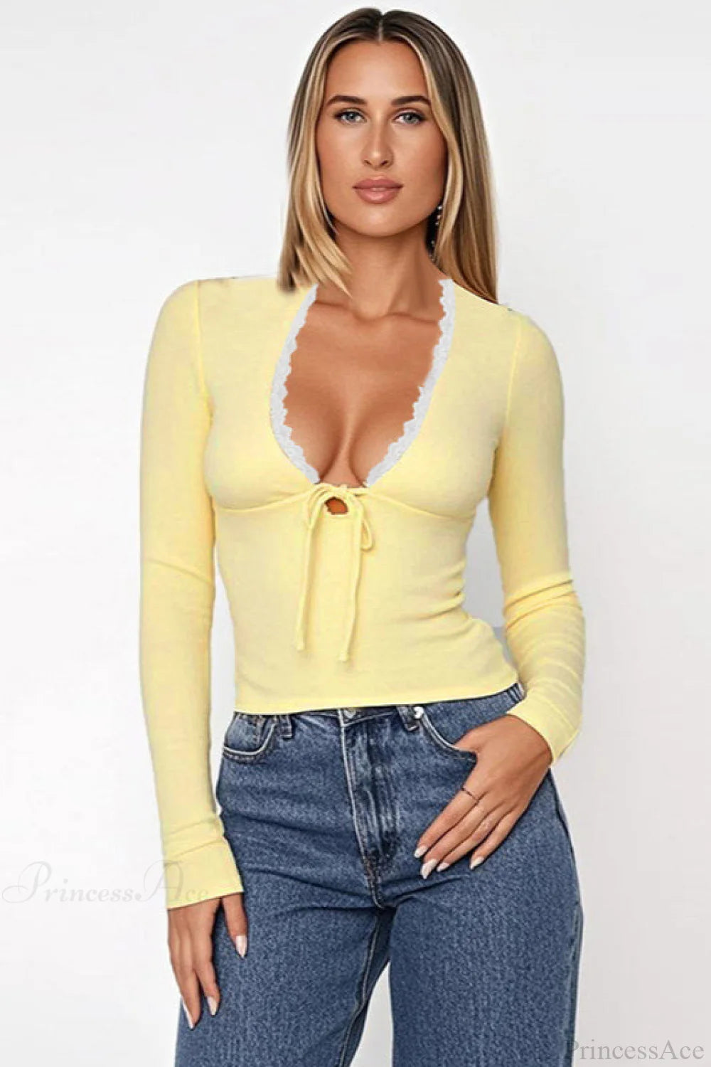 Simple Button Detail Long Sleeve Tee Yellow / S