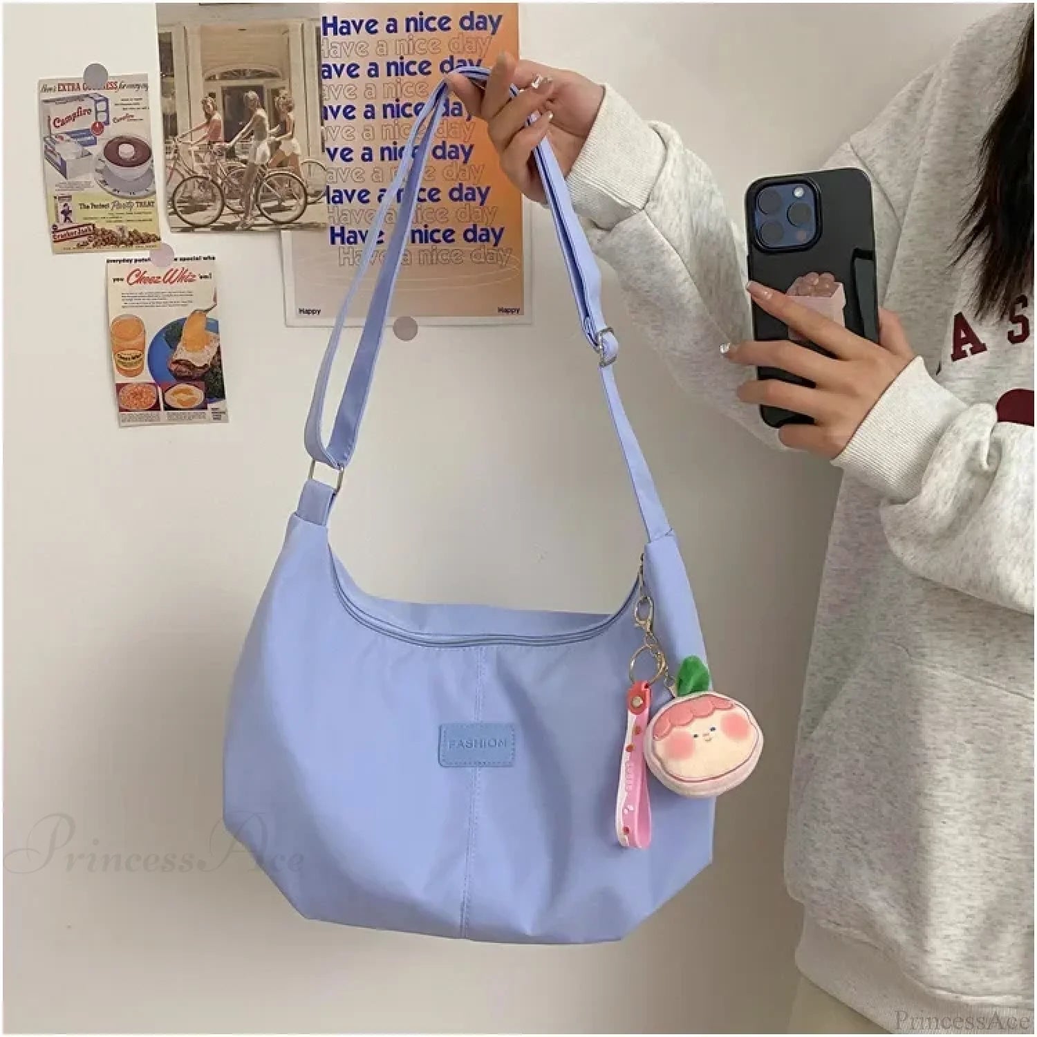 Simple College Style Nylon Large Crossbody Blue / No plush pendant crossbody-250126