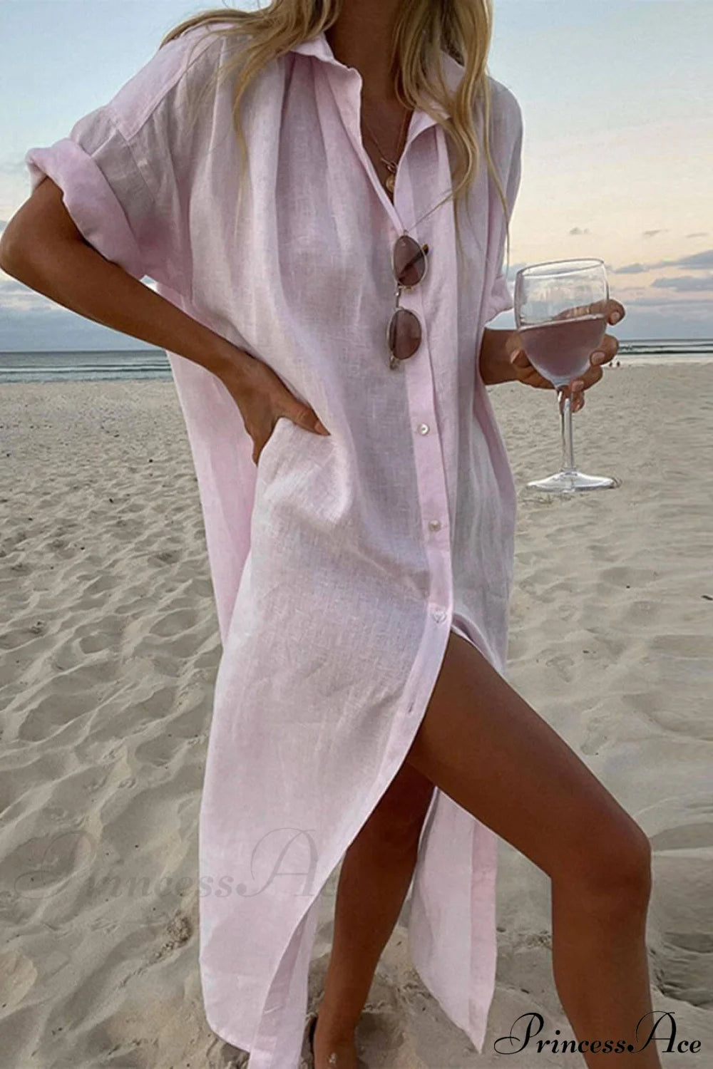 Simple Concept Stylish Maxi Shirt Dress Pink / S Dresses