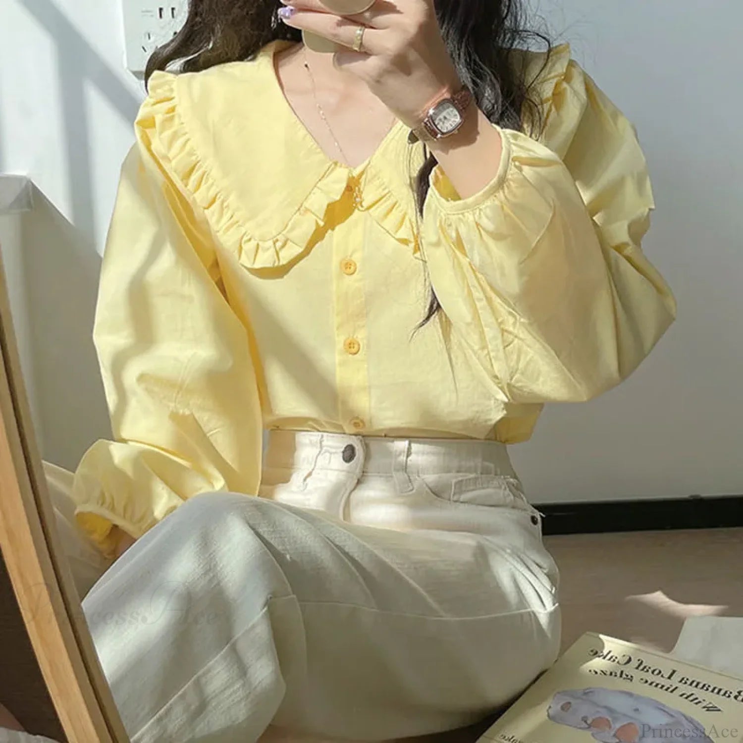 Simple Ruffles Single Breasted White Blouse Yellow / S blouse-250223