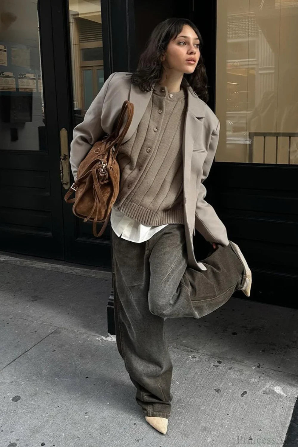 Simple Solid Rib Crewneck Oversized Cardigan Sweater