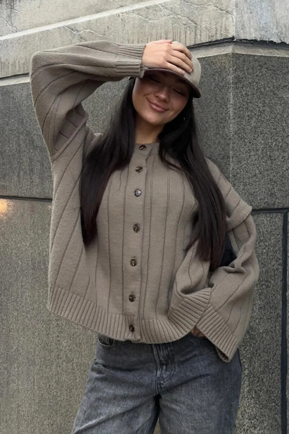 Simple Solid Rib Crewneck Oversized Cardigan Sweater Khaki / S