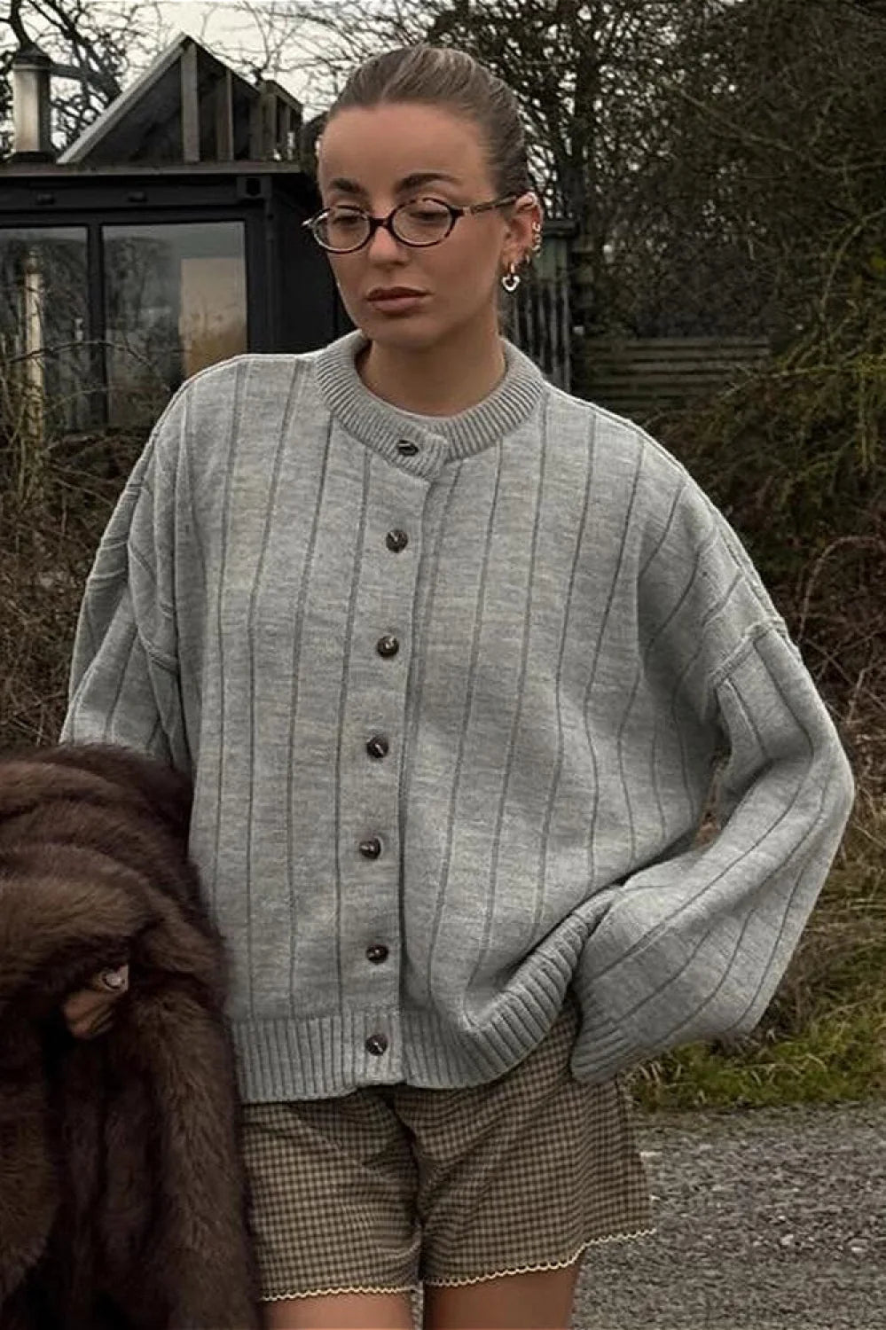 Simple Solid Rib Crewneck Oversized Cardigan Sweater Light gray / S