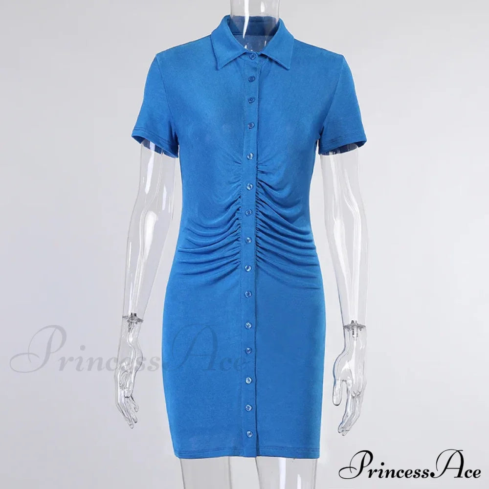 Single-Breasted Blue Short-Sleeved Splicing Lapel Short Casual Bodycon Dress
