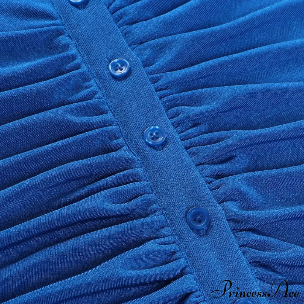 Single-Breasted Blue Short-Sleeved Splicing Lapel Short Casual Bodycon Dress