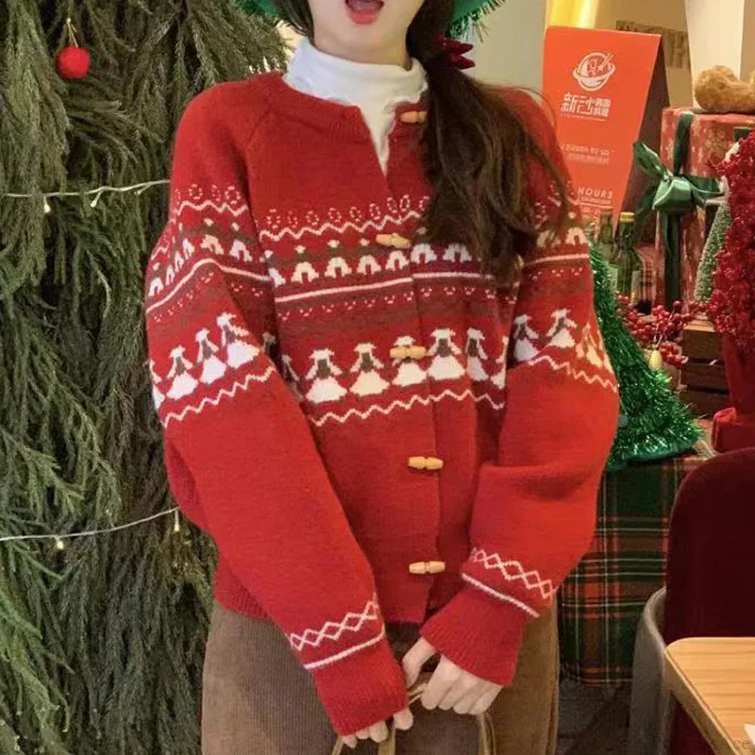 Single Breasted Jacquard Cute Sweet Sweater Red / XS