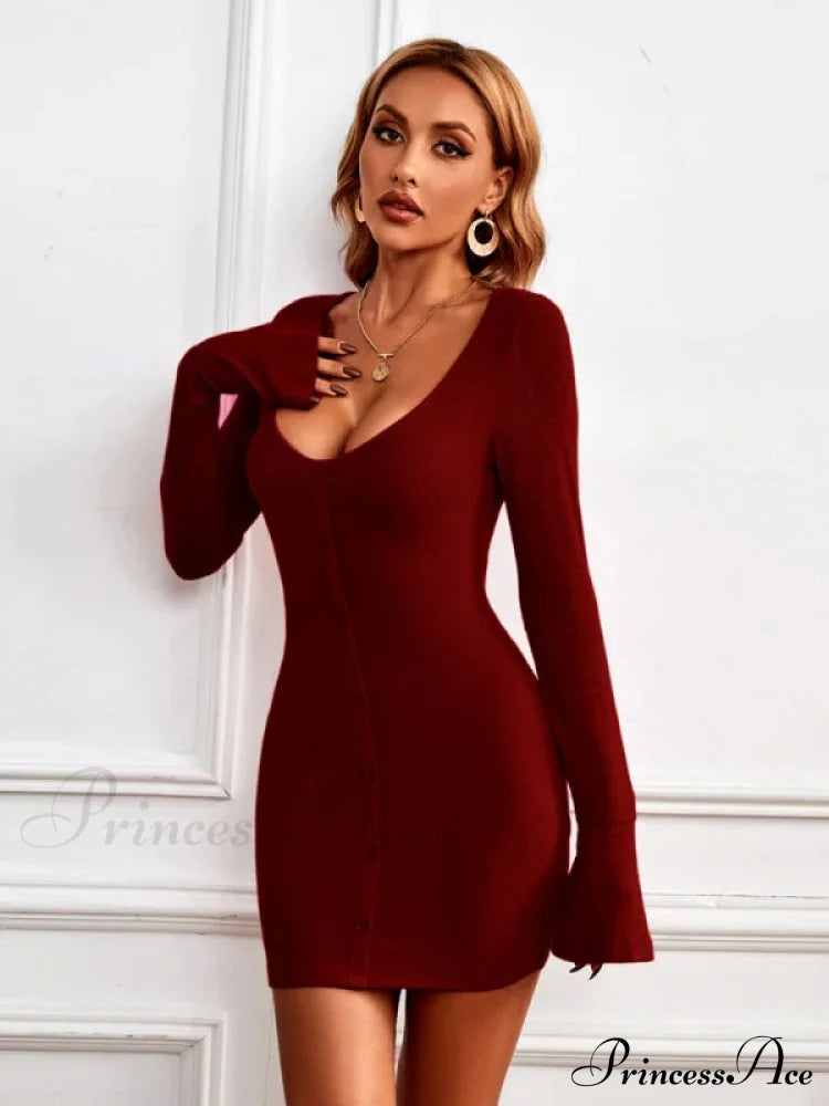 Single-Breasted Knitted Long-Sleeved Dress M / Black