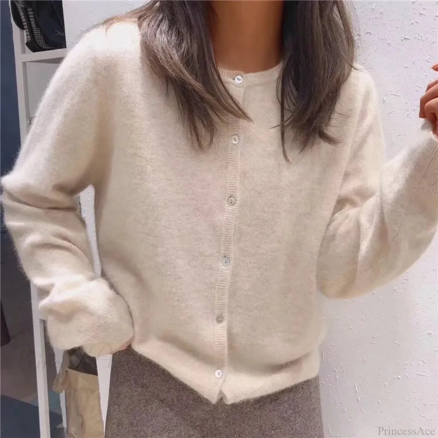 Single Breasted Solid Round Neck Knitted Cardigan Apricot / One Size cardiagn-250126