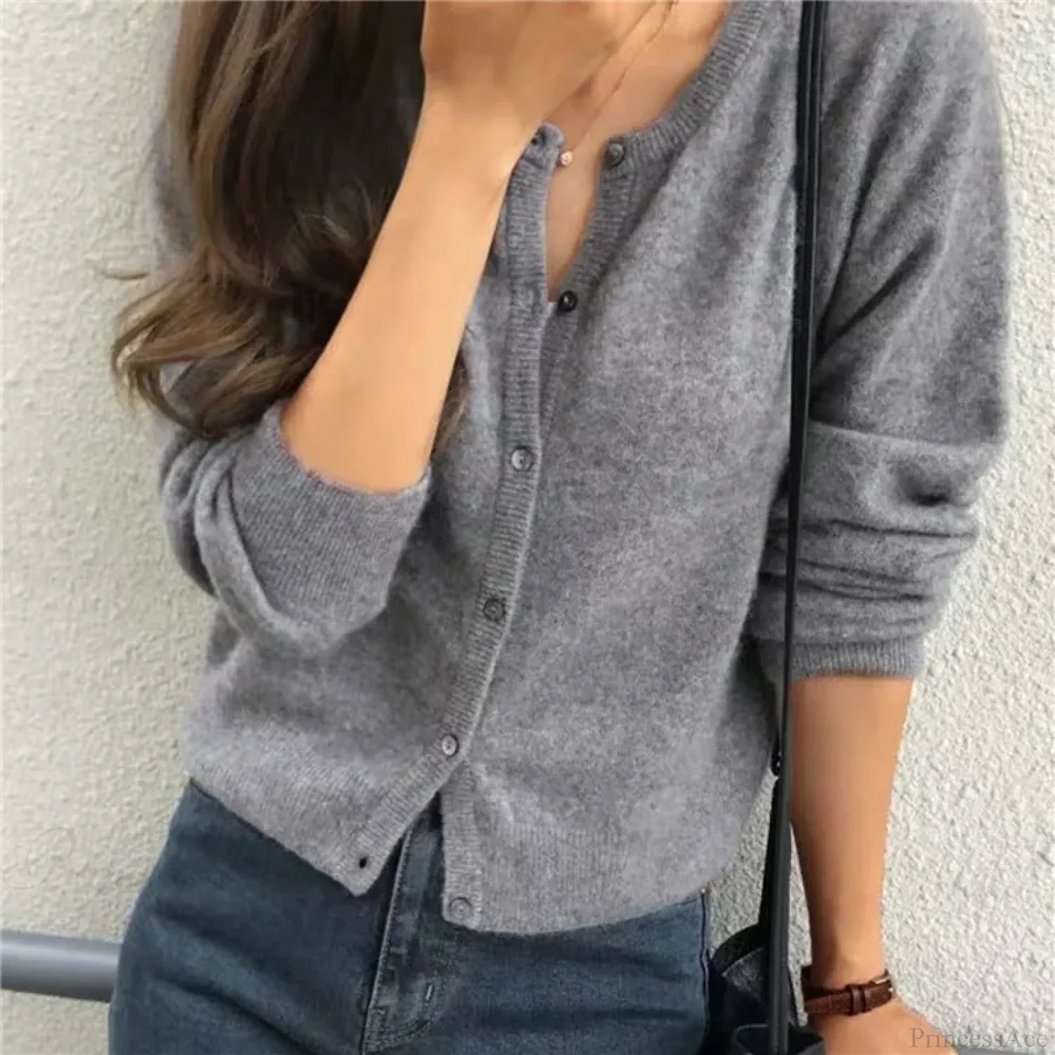 Single Breasted Solid Round Neck Knitted Cardigan Gray / One Size cardiagn-250126