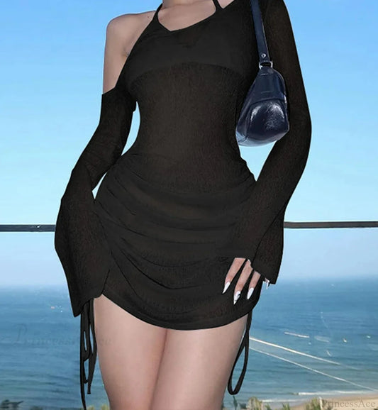 Skew Collar Drawstring Mini Dress Black / XS minidress-250223