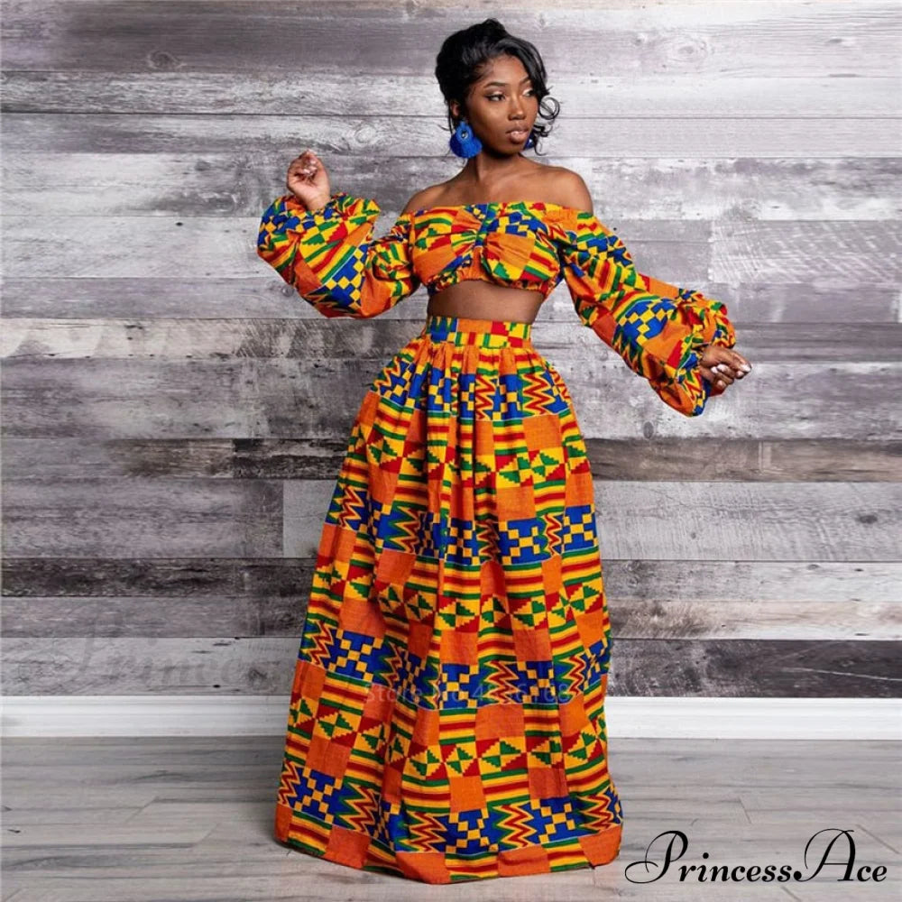 Skirt Top Vintage Africa And Elegant Women High Slit Piece Slash-Neck With Featuring Blouse Gown