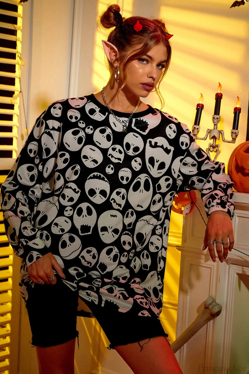 Skull Print Loose Pullover Hoodie