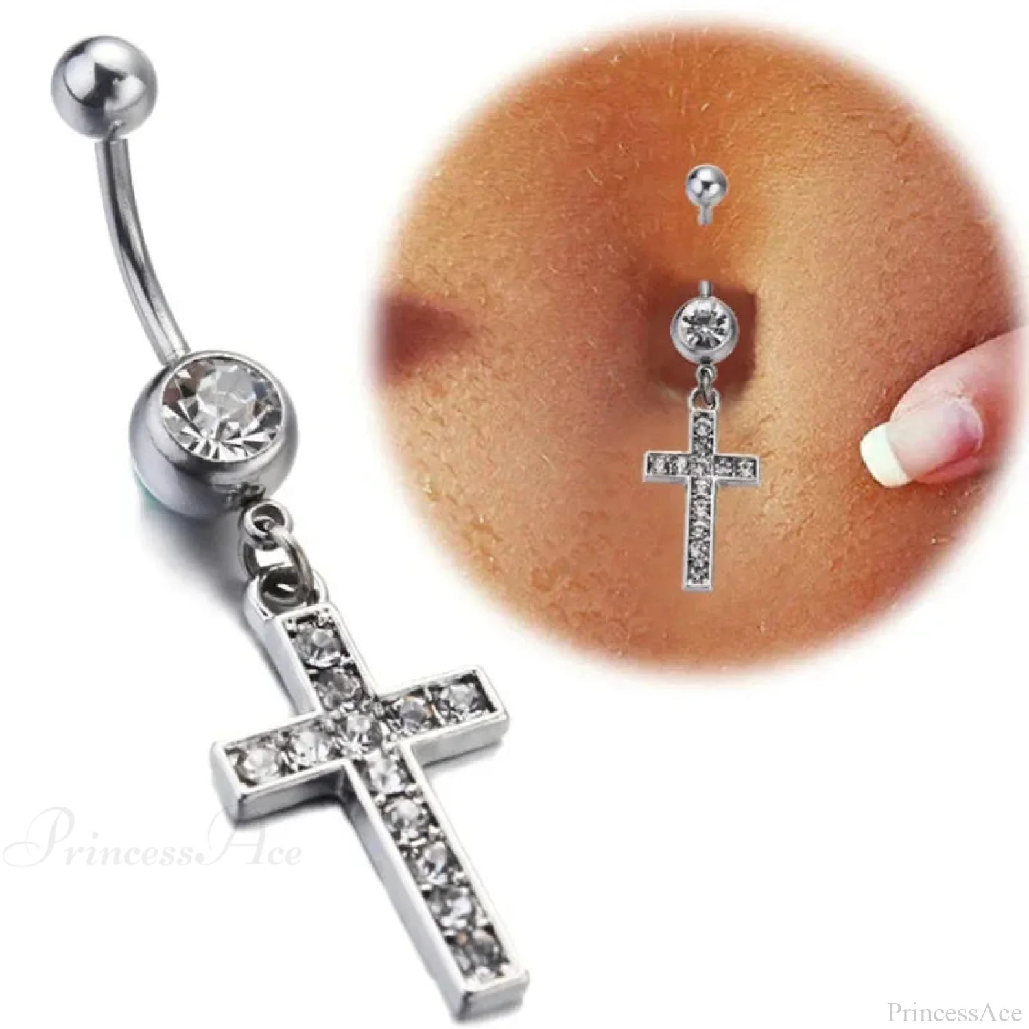 Skull Serpent Dangle Dark Belly Ring Silver Cross