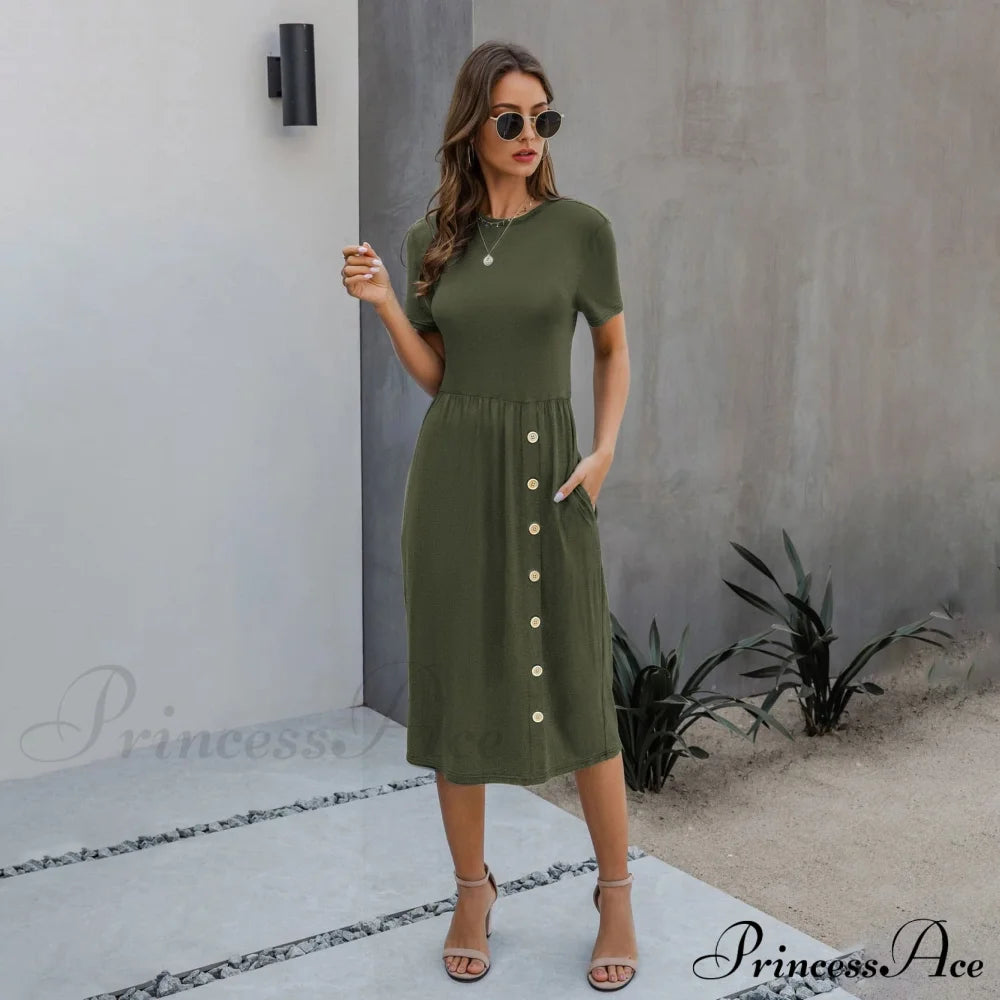 Slant Pocket Button Detail Dress Army Green __stock:200 casual dresses clothes dresses refund_fee:1200 show-color-swatches