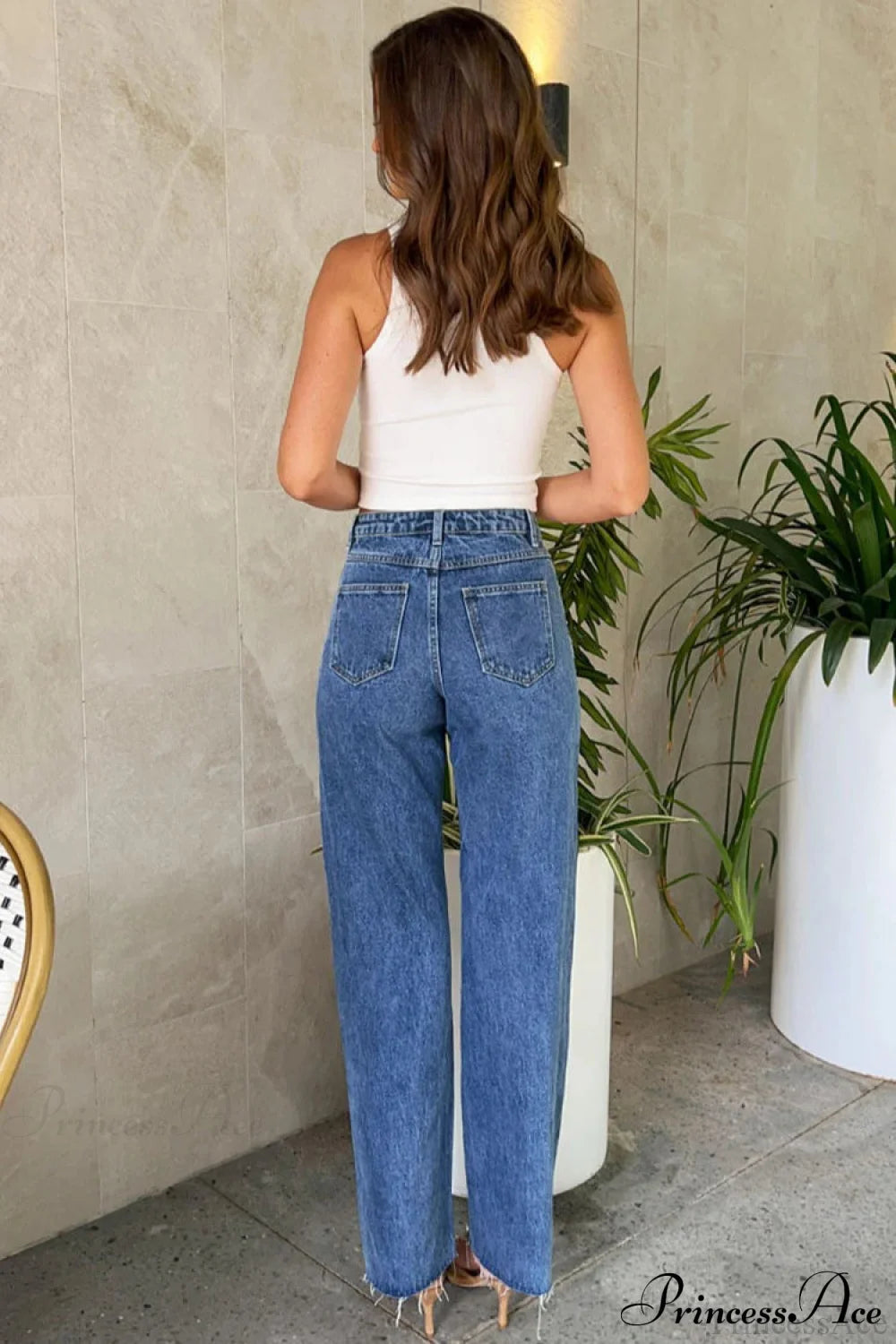 Slanted Waist Crisscross Beaded Frayed Straight Leg Jeans