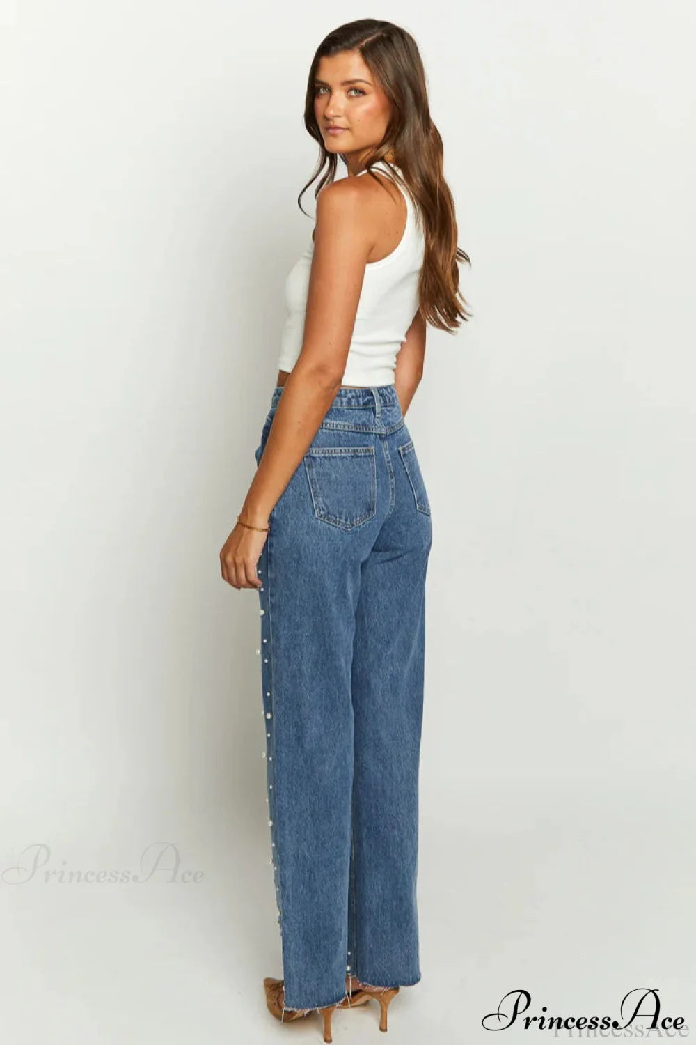 Slanted Waist Crisscross Beaded Frayed Straight Leg Jeans