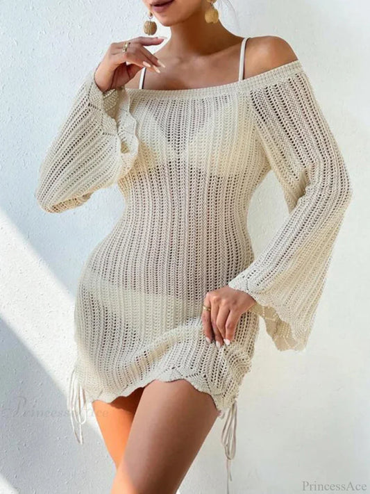 Slash Neck Hollow Out Long Sleeve Cover Up Beige / S