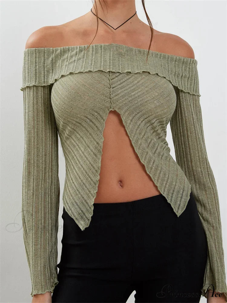 Slash Neck Off Shoulder Solid Color Slim Fit T-Shirts Green / S