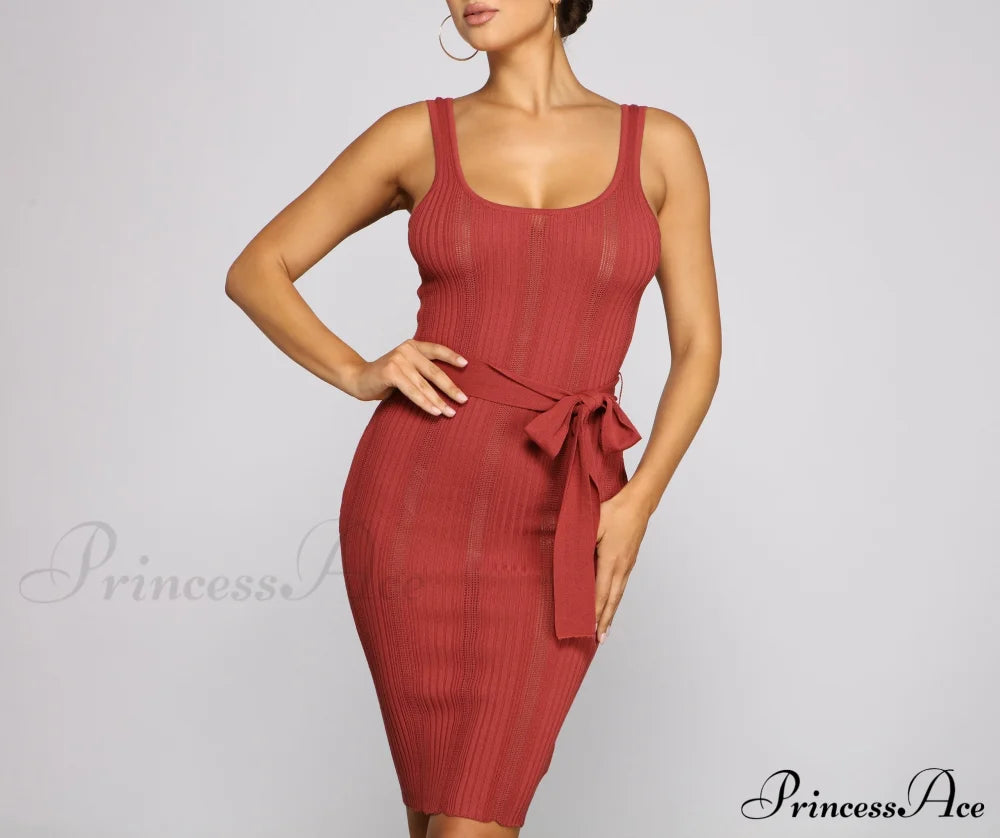 Slay In Style Ribbed Graceful Scoop Neck Midi Dress Sweaters-L