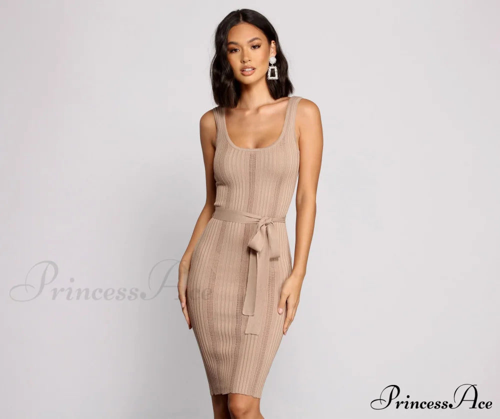 Slay In Style Ribbed Graceful Scoop Neck Midi Dress Taupe / Xs Sweaters-L