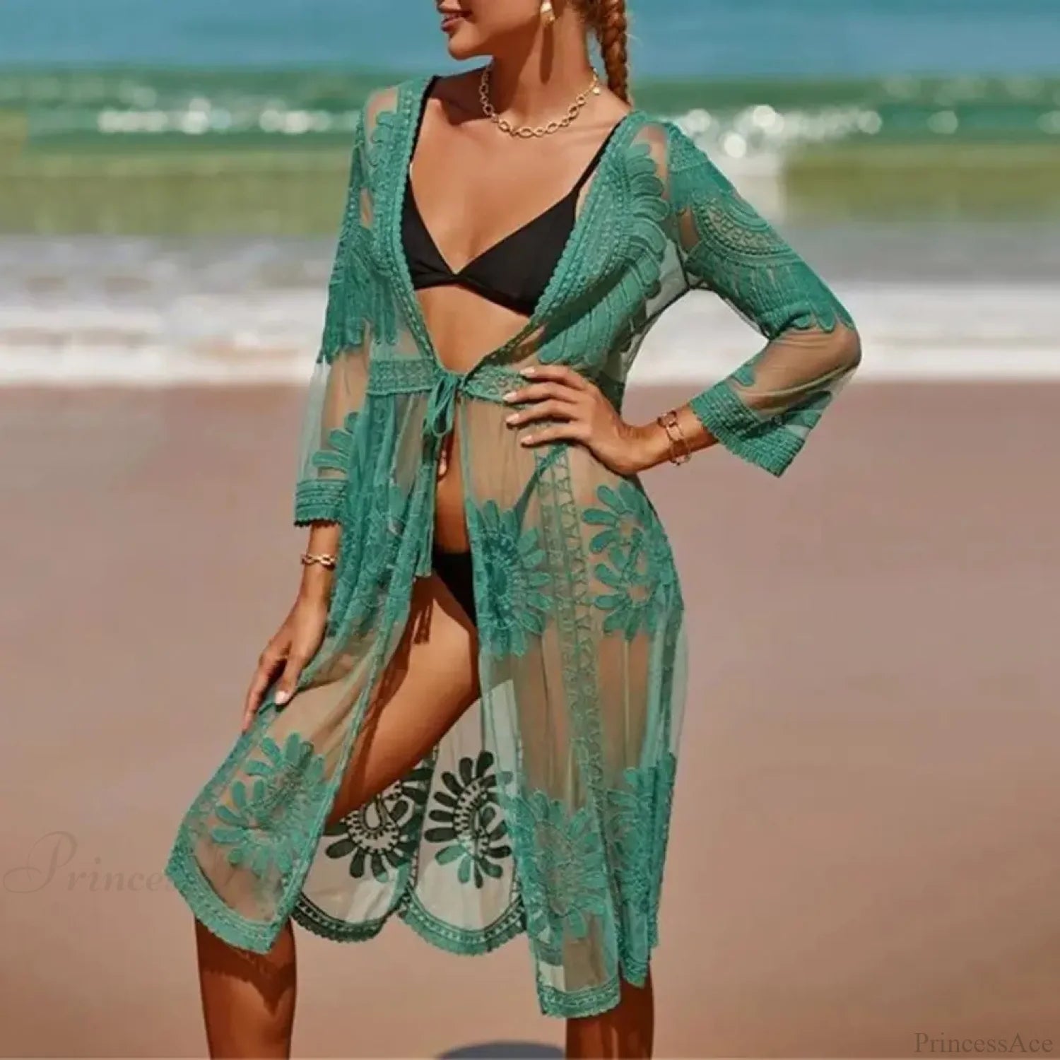 Sleeve Lace-up Embroidery Bikini Cover Up Green / One Size