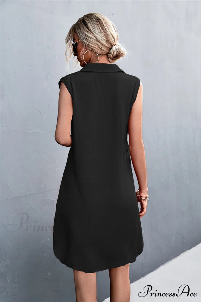 Sleeveless Black Half Button Dress S / Green Black Beach Dress