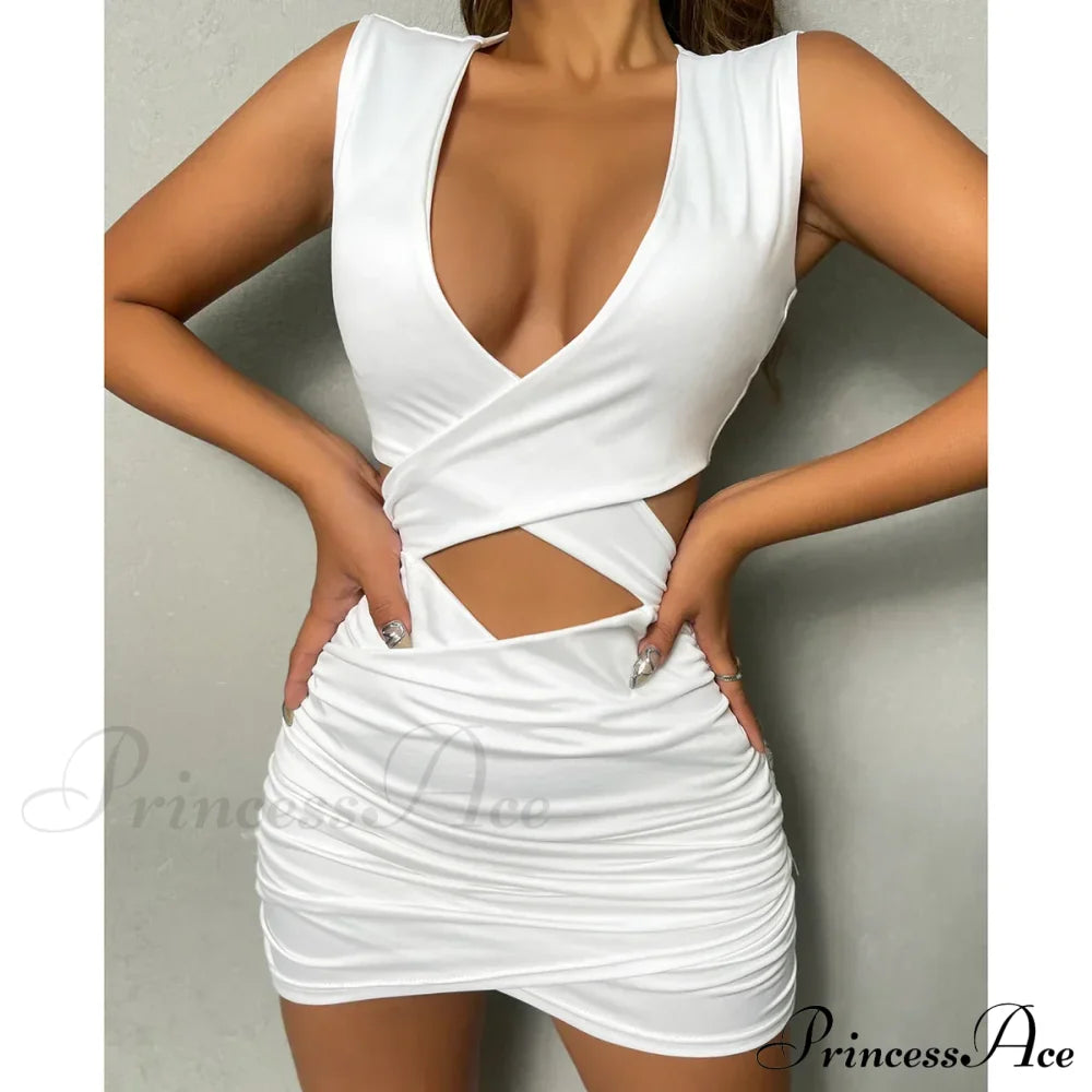 Sleeveless Bodycon Mini V Neck Slim Ruched Hollow Vestido Outfits Elegant Soild Cut Out Dress White