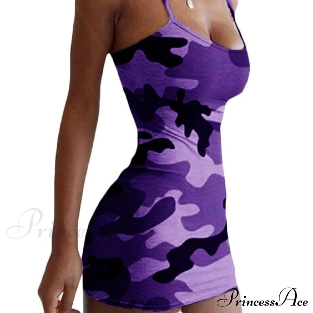 Women's Sexy Sleeveless Camouflage Mini Dress Purple __stock:200 casual dresses clothes dresses refund_fee:800