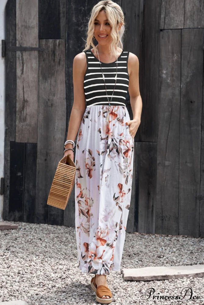 Sleeveless Contrast Striped Dress With Plant Flower Vest S / Leopard Print